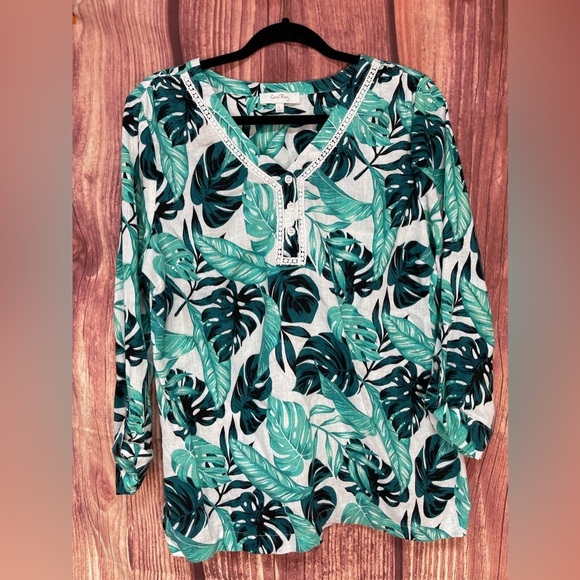 Coral Bay green teal white Monstera leaf print linen blend 3/4 sleeve blouse L - Picture 11 of 17